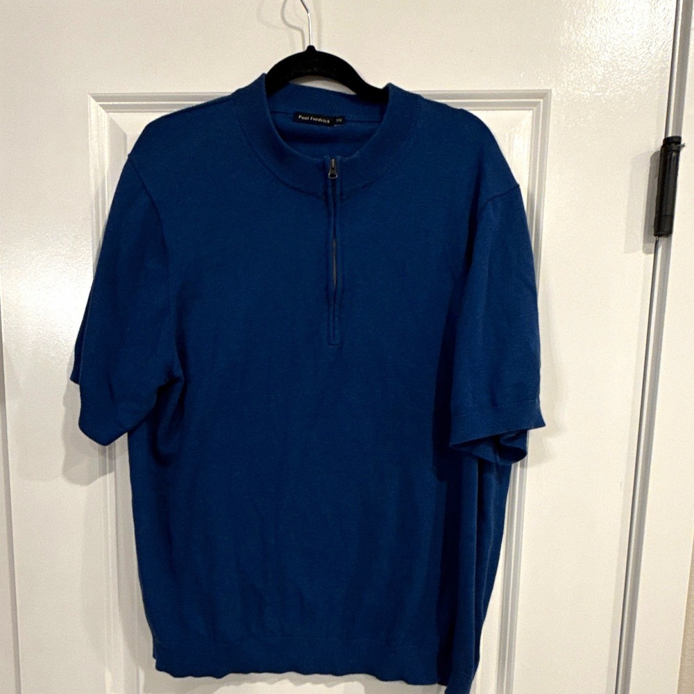 Paul Fredrick Mens XL Sweater 100% Supima Cotton Beige 1/4 Zip Short Sleeve